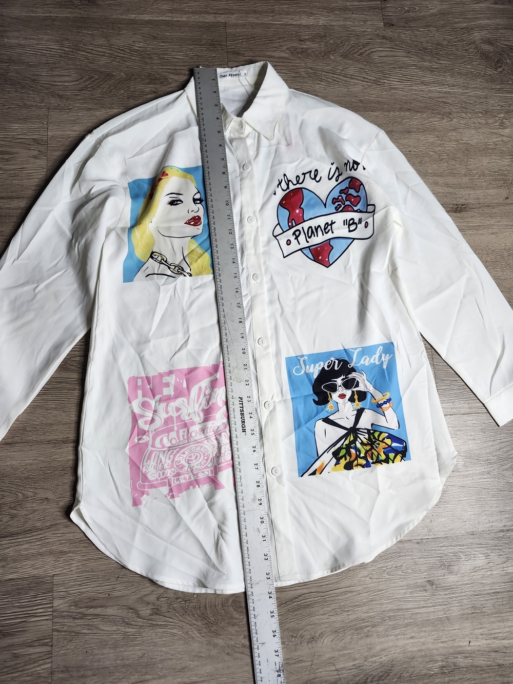 White Pop-Art Button-Down Shirt Dress with Graphic Panels - Picture 2 of 7